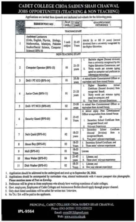 Cadet College Choa Saiden Shah Chakwal Jobs 2026