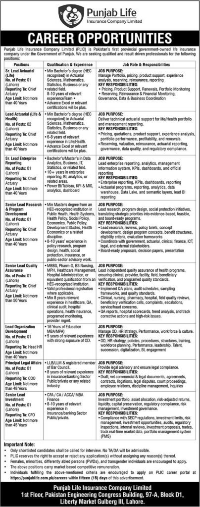 Punjab Life Insurance Company PLIC Jobs 2026 