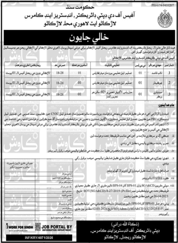 Industries & Commerce Department Larkana Jobs 2026