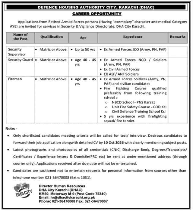 >DHA Jobs 2026 – Latest Security Supervisor, Guard & Fireman Vacancies