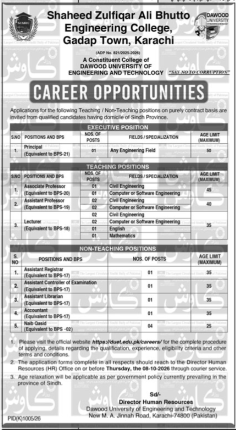 Dawood University Jobs Karachi 2026 – DUET Careers