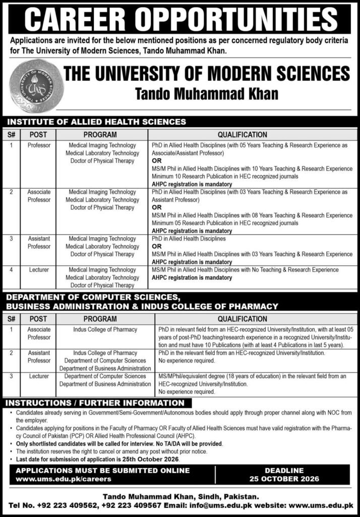 The University of Modern Sciences Jobs 2026 – Latest UMS Career Opportunities