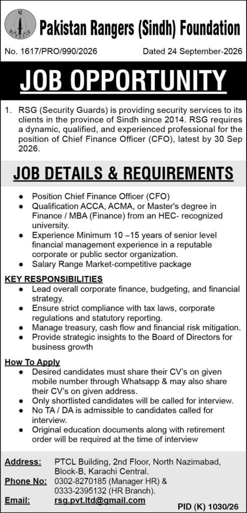 Pakistan Rangers Sindh Foundation Management Posts 2026