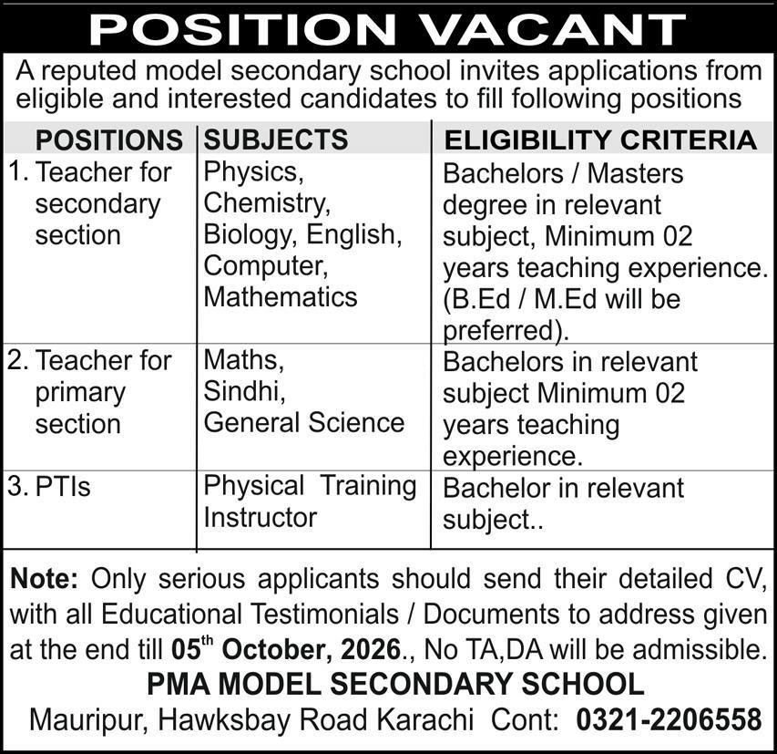 PMA Model Secondary School Education Jobs 2026 – Teachers & PTI