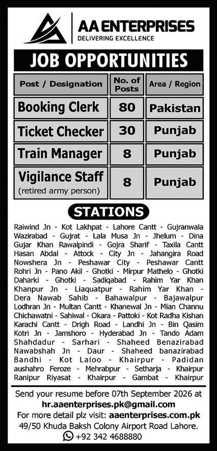 AA Enterprises Jobs in Sindh For Booking Clerk 2026
