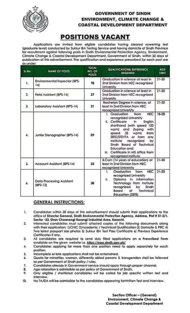 Government of Sindh Environment Department Jobs 2026