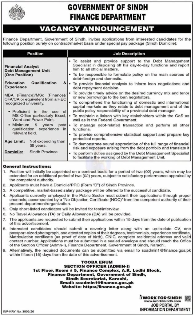 Government of Sindh Finance Department Jobs 2026