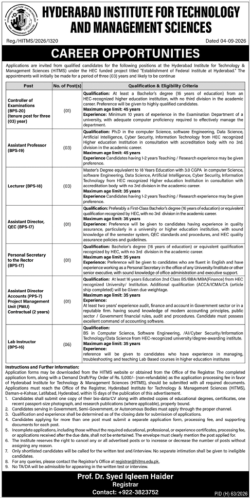 Hyderabad Institute for Technology HITMS Jobs 2026