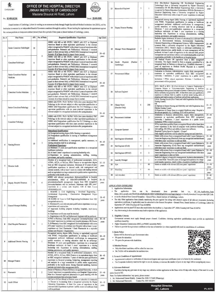 Jinnah Institute Of Cardiology JIC Jobs in Lahore 2026