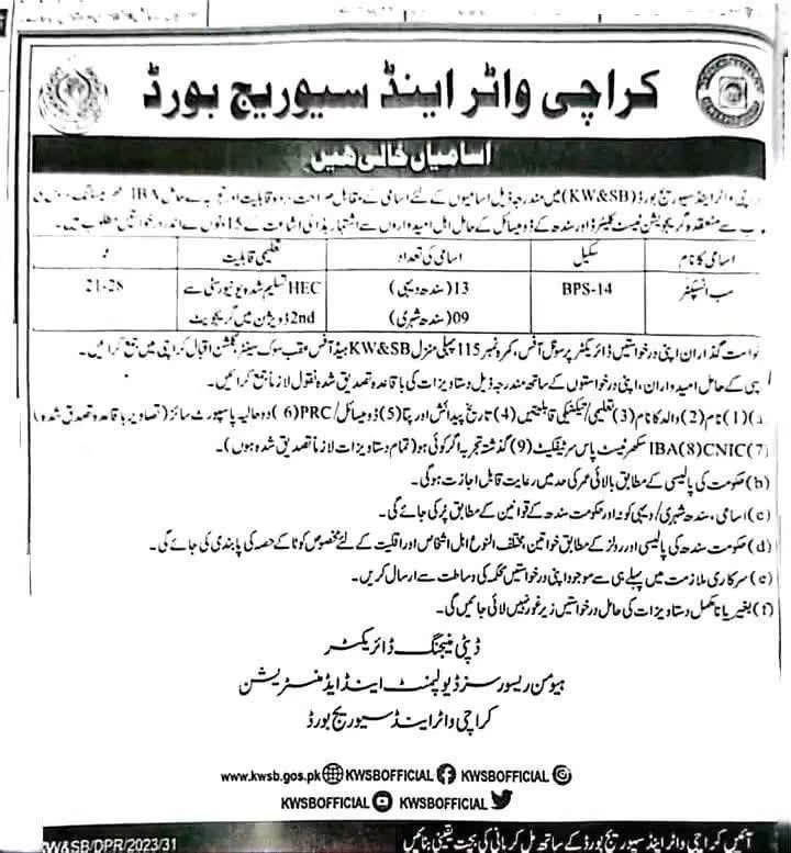 Karachi Water Board Sub Inspector BPS 14 Jobs 2026