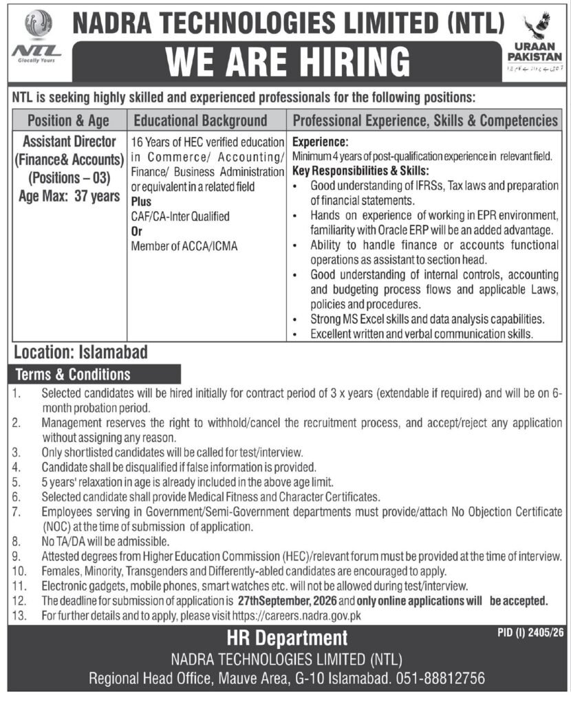 Nadra Technologies Limited NTL Jobs 2026 Full Apply Guide