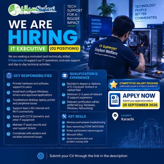 Saylani Welfare IT Executive Jobs 2026 Karachi Vacancies