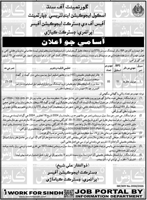 School Education Department Junior Clerk BPS 11 Jobs 2026