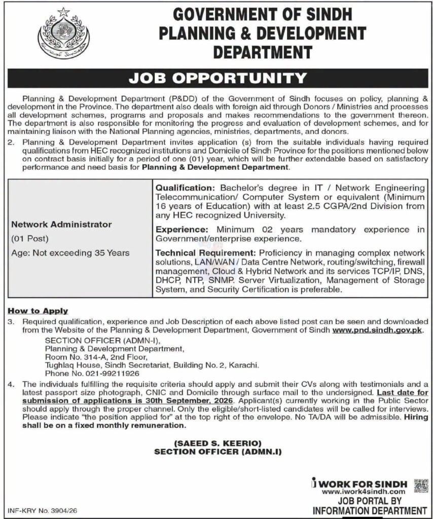 Sindh Government Planning Department Jobs 2026
