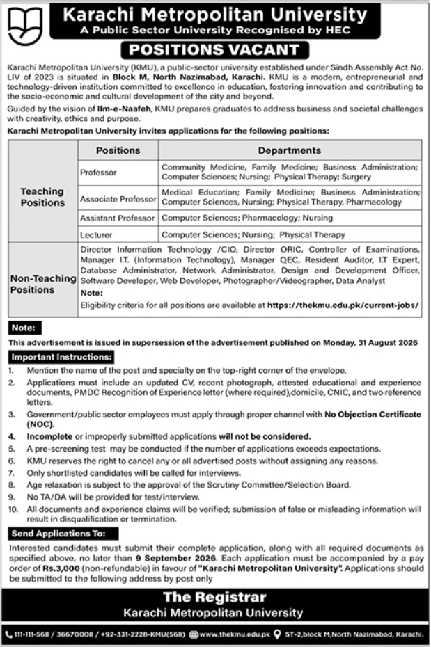 Karachi Metropolitan University KMU Jobs 2026 – Teaching & Non-Teaching Vacancies
