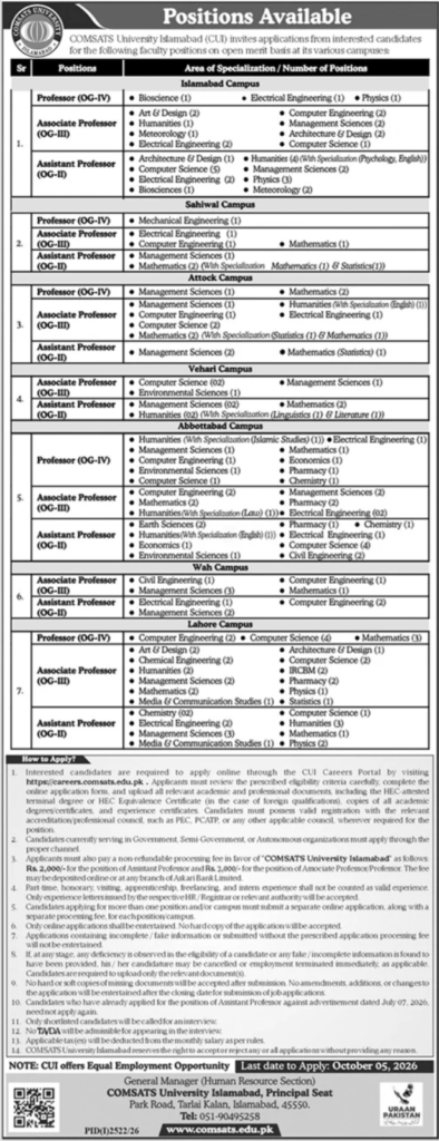 COMSATS University Islamabad Jobs 2026  Apply Now