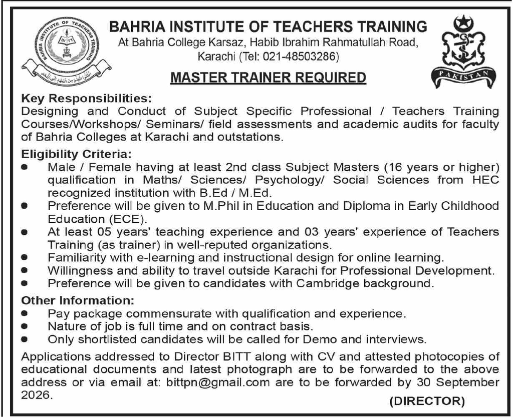 Bahria Institute of Teachers Training Karachi Jobs 2026 Apply Now