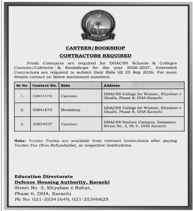 DHA Karachi Canteen & Bookshop Contractors 2026 Apply Now