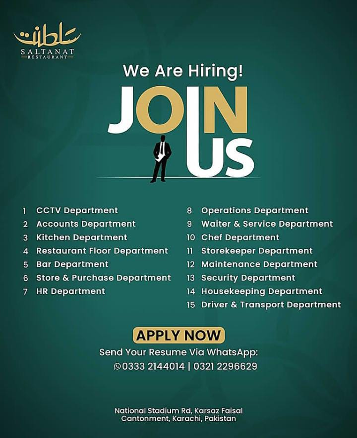 Saltanat Restaurant Karachi Jobs 2026 Apply Now