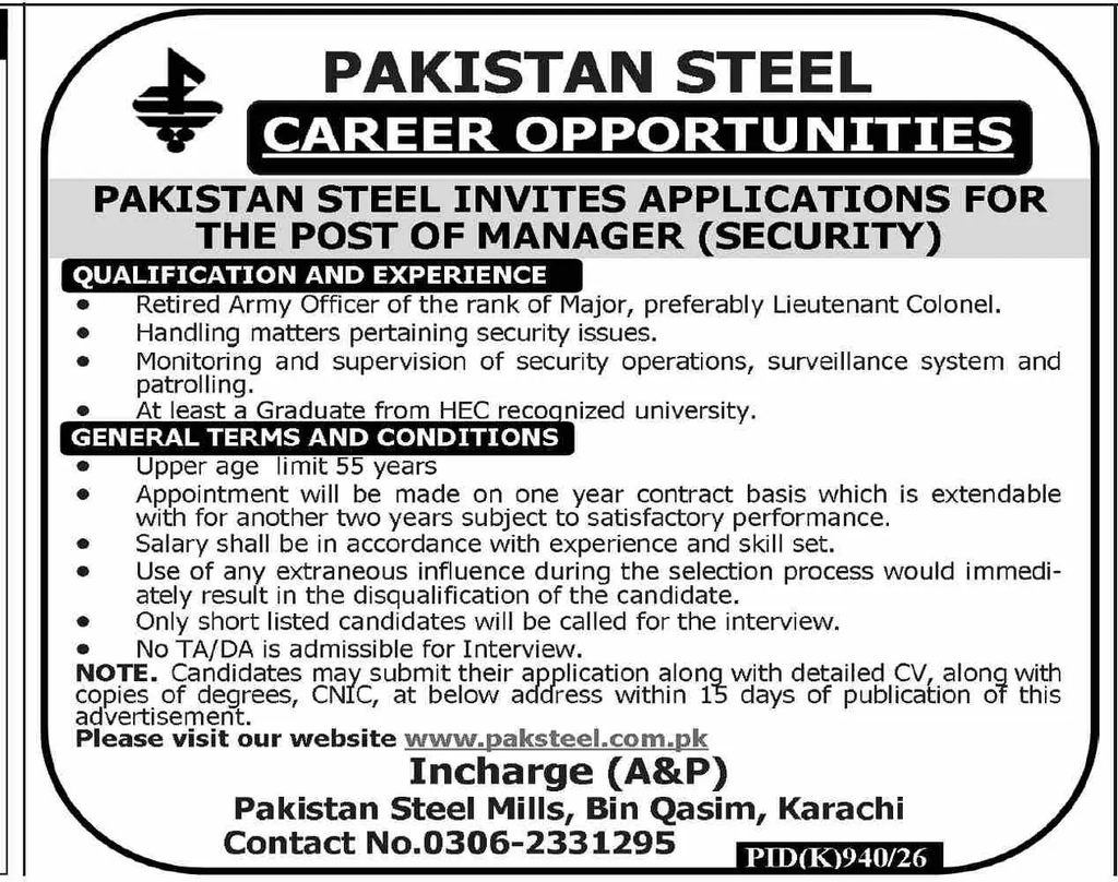 Pakistan Steel Karachi Jobs 2026 Apply Now