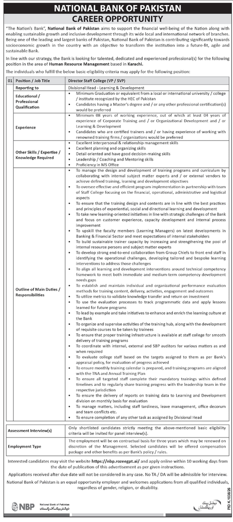 National Bank of Pakistan NBP Karachi Jobs 2026 Apply Now