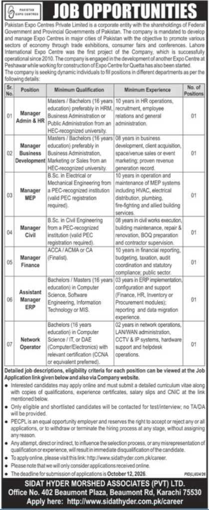 Pakistan Expo Centres Jobs 2026 Apply Now