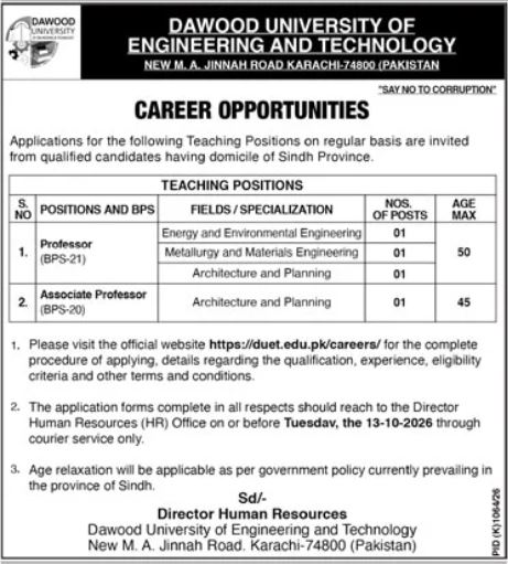 Dawood University of Engineering & Technology Jobs 2026 Apply Now