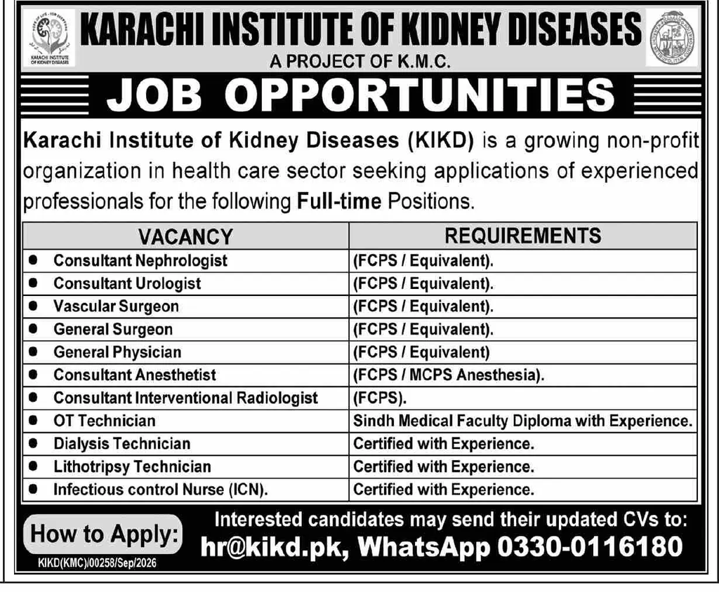 Karachi Institute of Kidney Diseases KIKD Jobs 2026 Apply Now