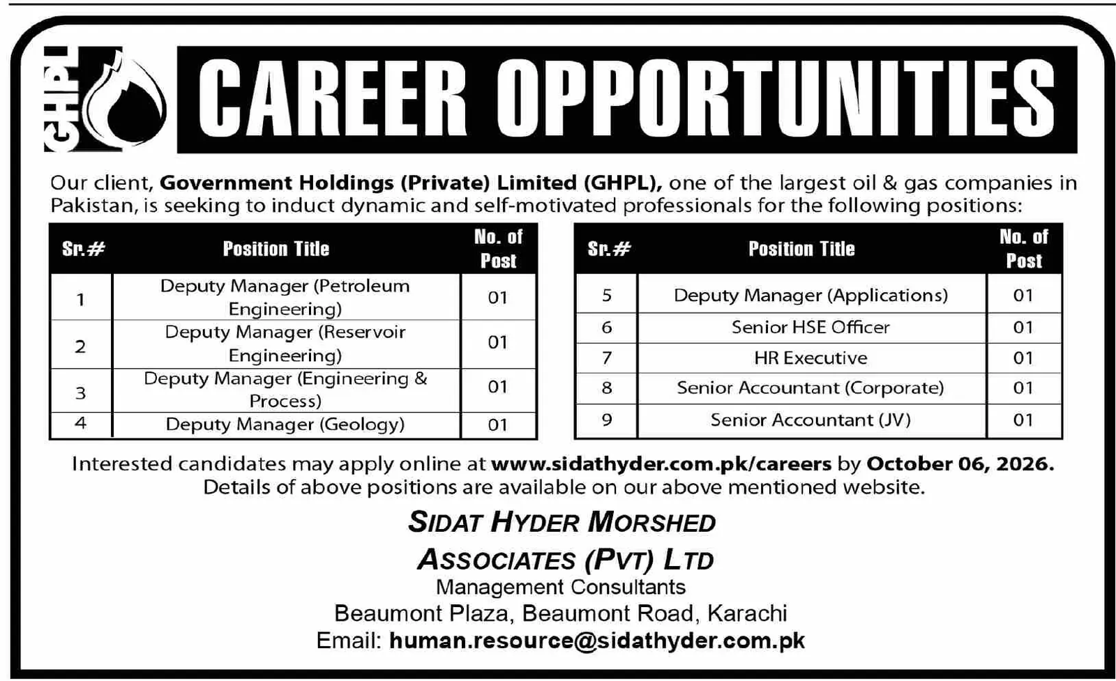 Government Holdings Private Limited GHPL Karachi Jobs 2026