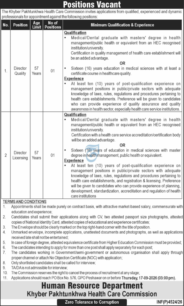 Khyber Pakhtunkhwa Healthcare Commission Jobs 2026 – Director Quality & Director Licensing