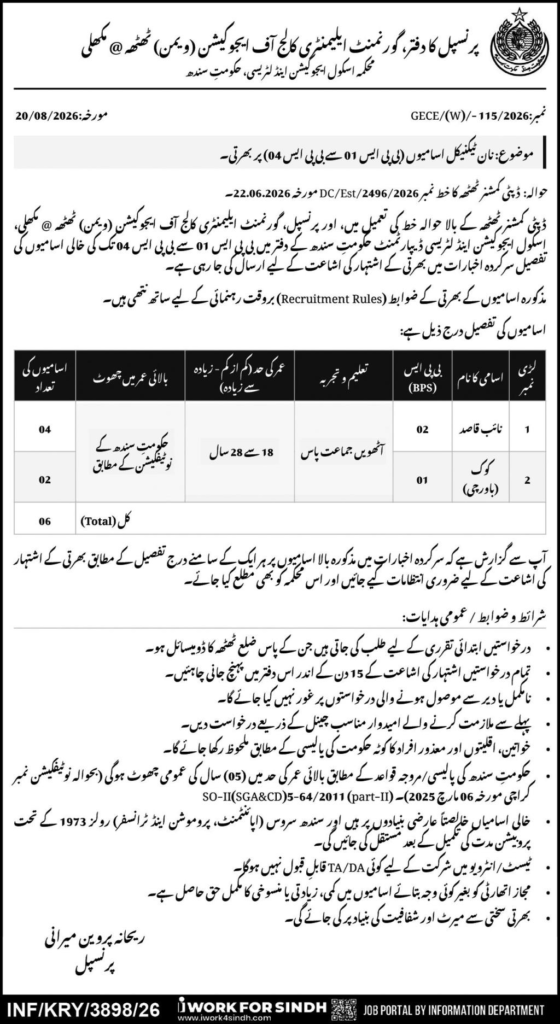 Government Elementary College of Education Makli Thatta Jobs 2026