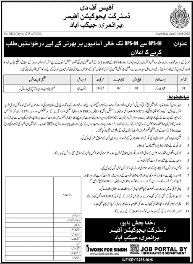 District Education Officer Jacobabad Jobs 2026 – Sanitary Worker Vacancies