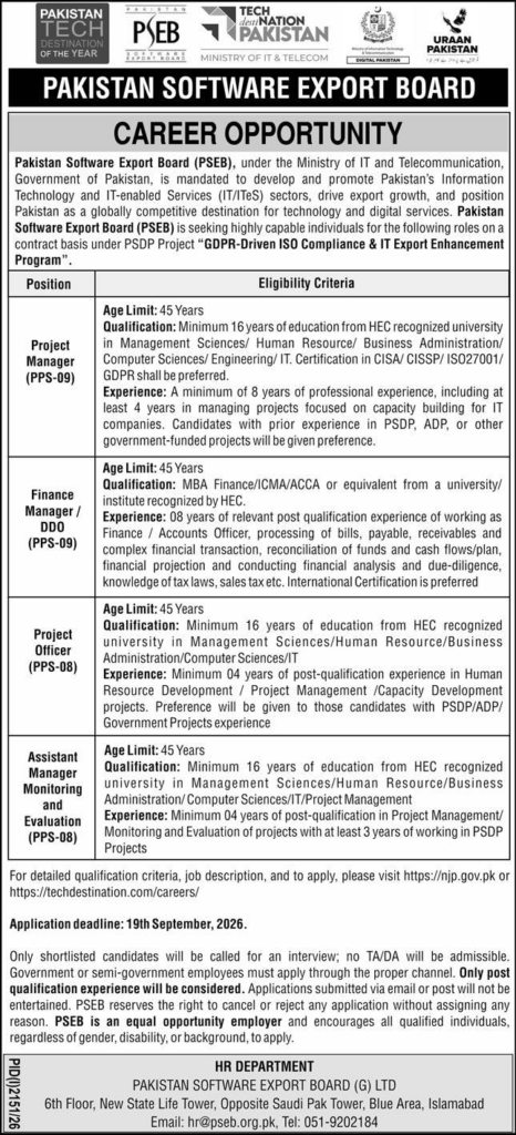 Pakistan Software Export Board PSEB Islamabad Jobs 2026