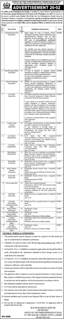 Office of the Ombudsperson Lahore Jobs 2026 – Advertisement 26-02