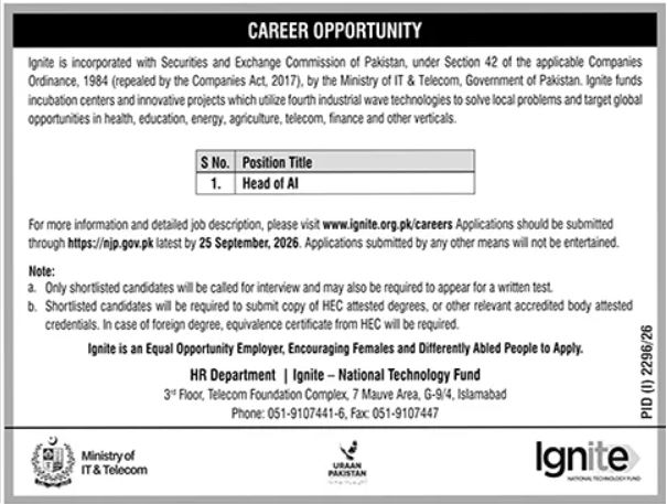 Latest Ignite National Technology Fund Management Posts Islamabad 2026