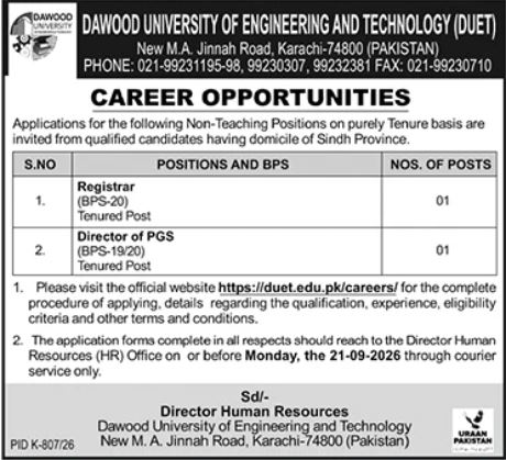 Dawood University of Engineering & Technology Jobs Karachi 2026