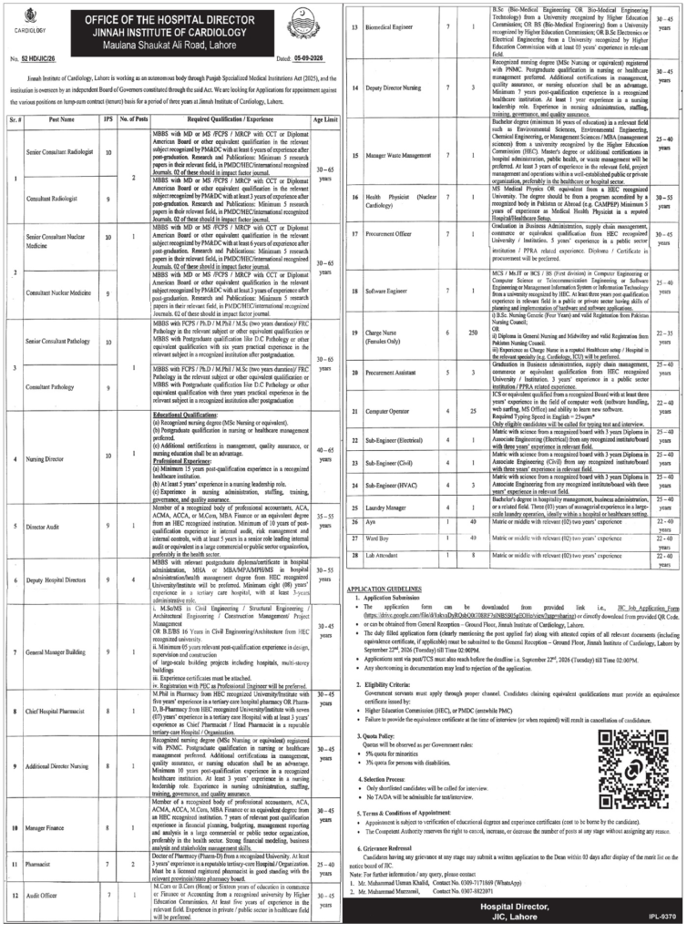 Jinnah Institute of Cardiology JIC Lahore Jobs 2026