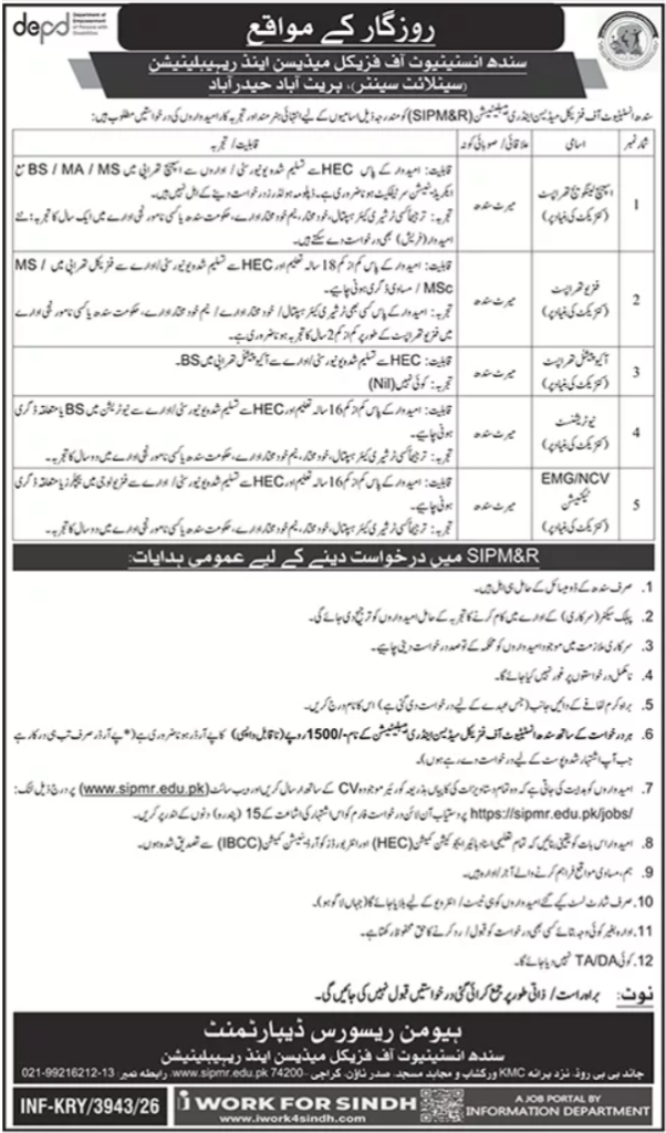 Sindh Institute of Physical Medicine & Rehabilitation Jobs 2026