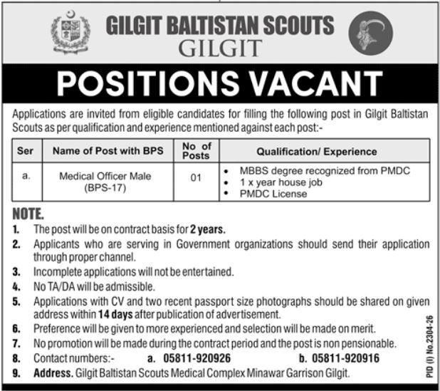 Gilgit Baltistan Scouts Gilgit Jobs 2026