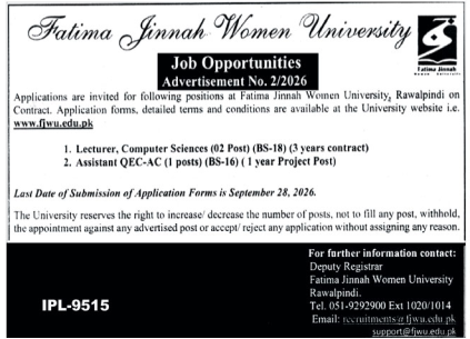 Fatima Jinnah Women University Rawalpindi Jobs 2026 – Apply Online
