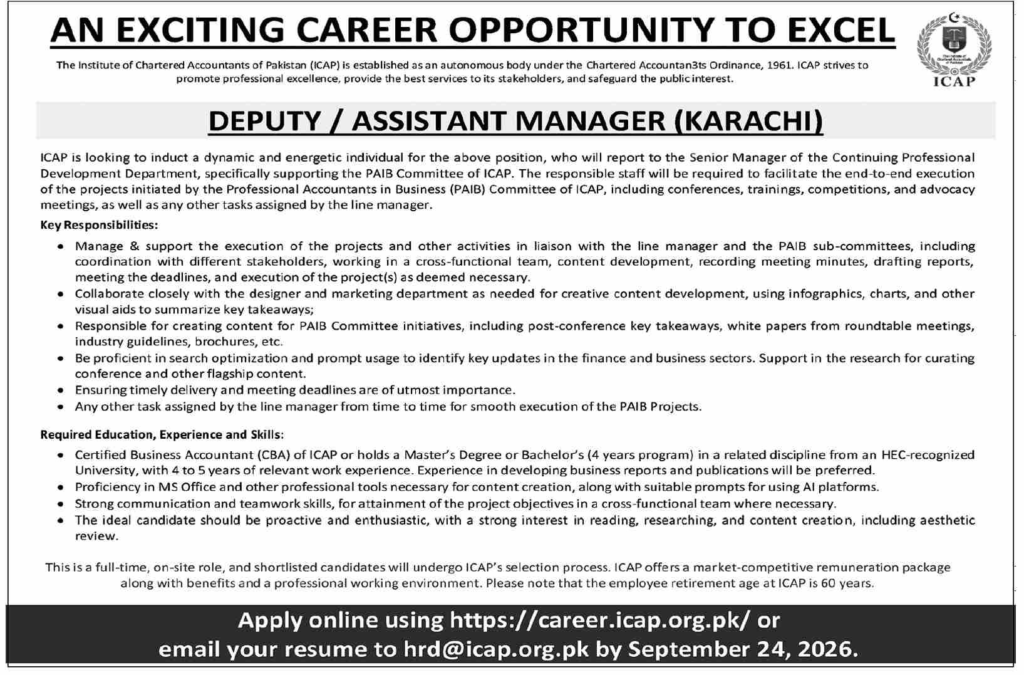 Institute of Chartered Accountants of Pakistan ICAP Karachi Jobs 2026
