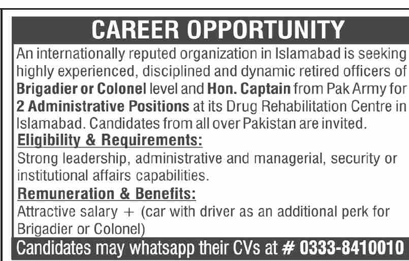 Administrative Positions in Islamabad for Retired Army Officers 2026