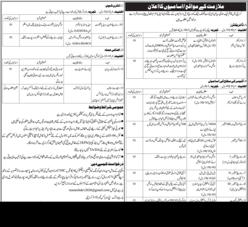 Social Welfare Think Tank Karachi Jobs 2026 - Multiple Vacancies