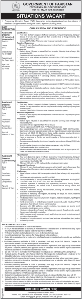 Frequency Allocation Board FAB Islamabad Jobs 2026 – Assistant Director Vacancies