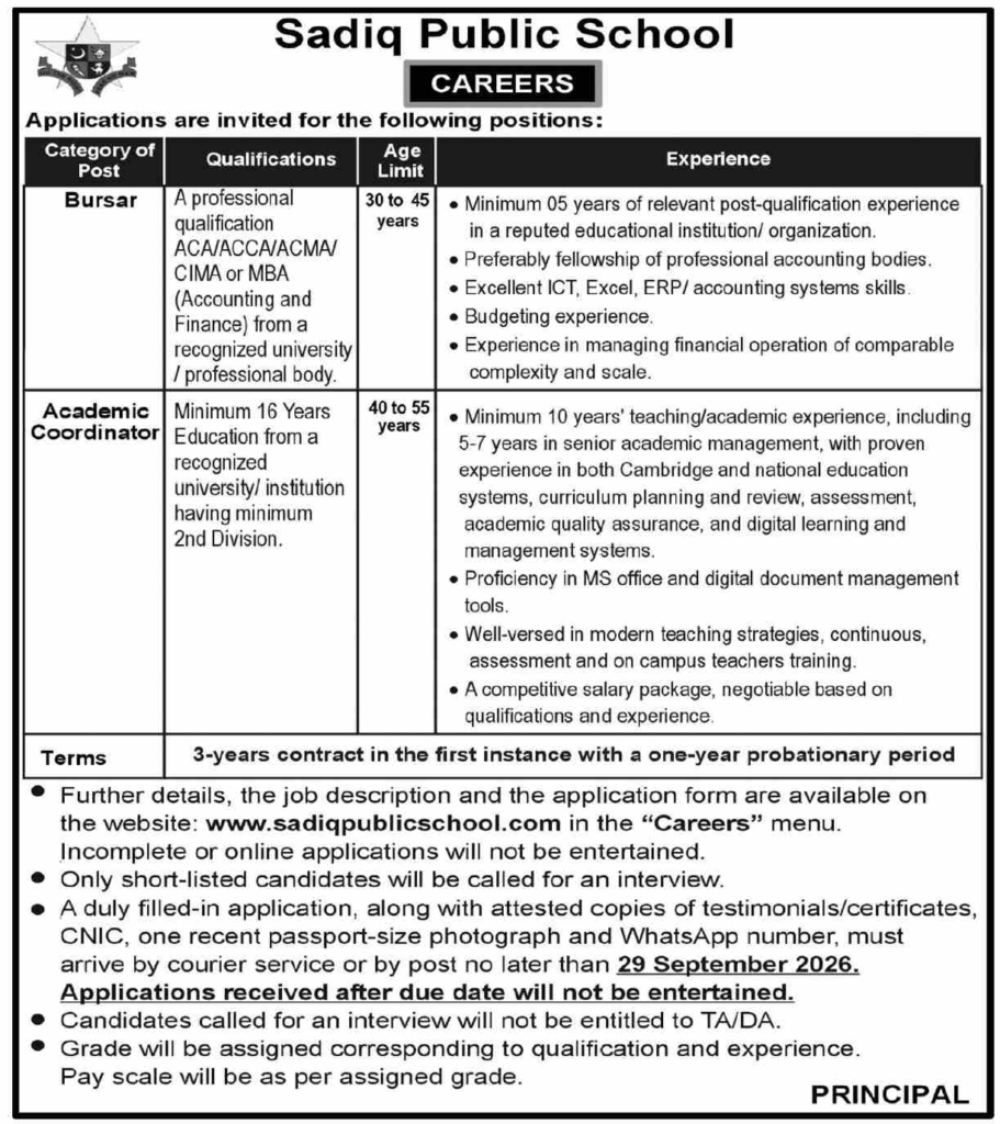 Sadiq Public School Karachi Jobs 2026 – Bursar & Academic Coordinator