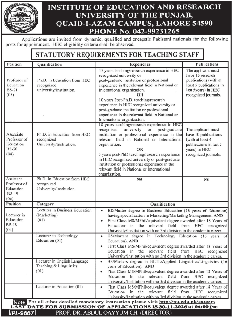 University of Punjab Jobs 2026 Lahore – Teaching Faculty Vacancies