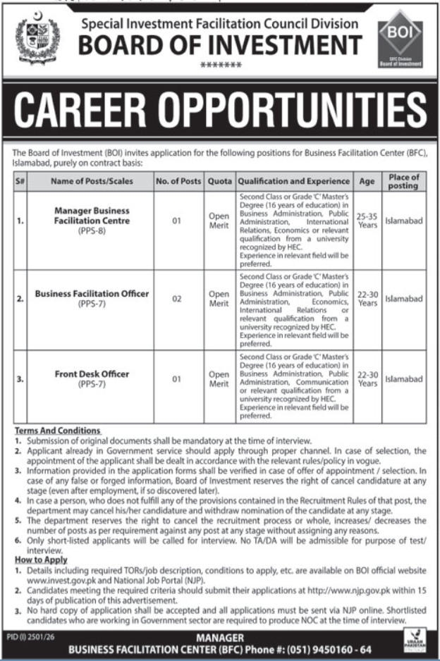Board of Investment Jobs 2026 Islamabad – Management Vacancies