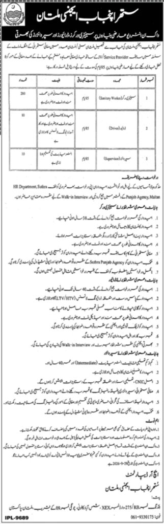 Suthra Punjab Agency Multan Jobs 2026 – Sanitary Worker, Driver & Supervisor