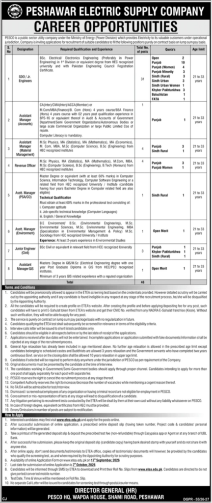 Peshawar Electric Supply Company PESCO Jobs 2026 Apply Now