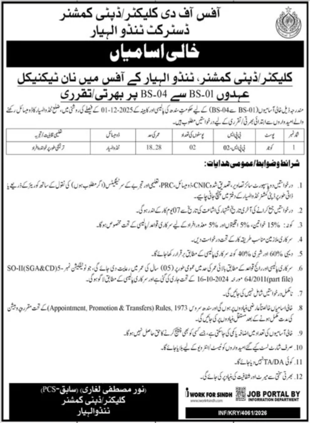 Deputy Commissioner Office Tando Allahyar Jobs 2026 Apply Now